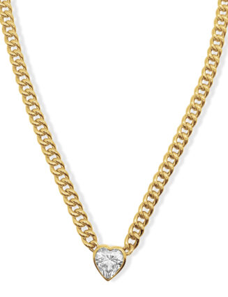 Bezel Set Simulated Diamond Heart on Flat Cuban Link Chain